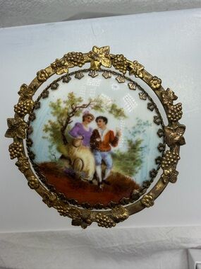 Vintage Limoges Portrait Brooch with Gilded Frame